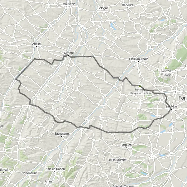 Zemljevid v pomanjšavi "Kolesarska pot do Saint-Lys" kolesarske inspiracije v Midi-Pyrénées, France. Generirano z načrtovalcem kolesarskih poti Tarmacs.app