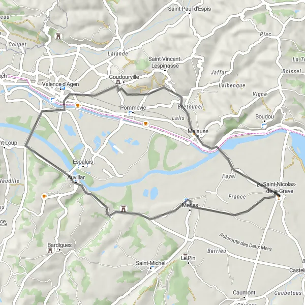 Miniatua del mapa de inspiración ciclista "Ruta Escénica de 33 km desde Saint-Nicolas-de-la-Grave" en Midi-Pyrénées, France. Generado por Tarmacs.app planificador de rutas ciclistas