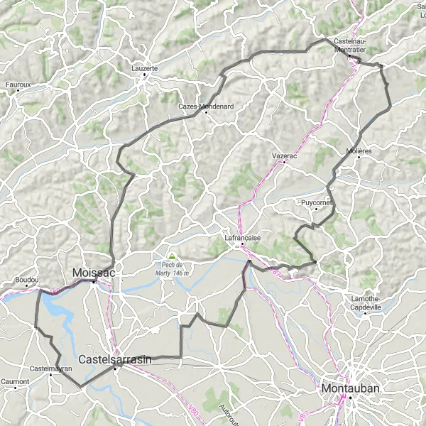 Zemljevid v pomanjšavi "Extended road cycling route near Saint-Nicolas-de-la-Grave" kolesarske inspiracije v Midi-Pyrénées, France. Generirano z načrtovalcem kolesarskih poti Tarmacs.app