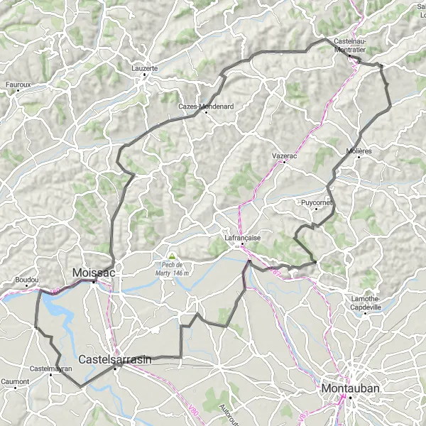 Karttaminiaatyyri "Maaseudun Pyöräilyseikkailu" pyöräilyinspiraatiosta alueella Midi-Pyrénées, France. Luotu Tarmacs.app pyöräilyreittisuunnittelijalla