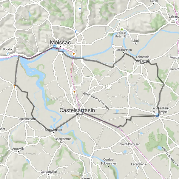Miniatuurkaart van de fietsinspiratie "Route van Saint-Nicolas-de-la-Grave naar Castelmayran" in Midi-Pyrénées, France. Gemaakt door de Tarmacs.app fietsrouteplanner