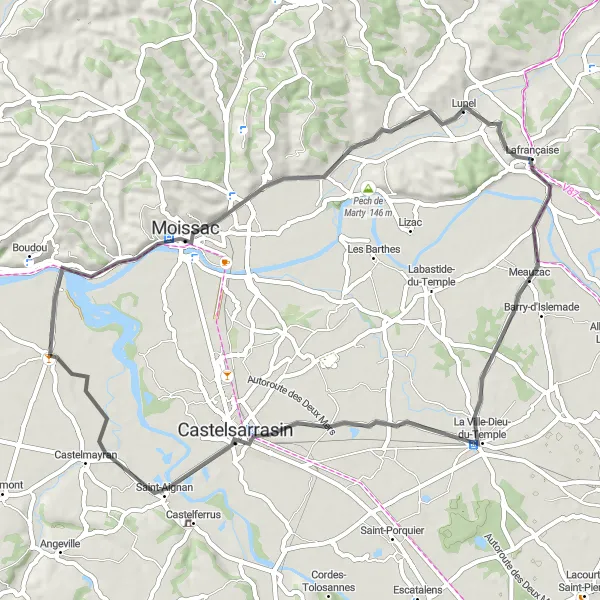 Miniatua del mapa de inspiración ciclista "Recorrido Escénico de 56 km desde Saint-Nicolas-de-la-Grave" en Midi-Pyrénées, France. Generado por Tarmacs.app planificador de rutas ciclistas