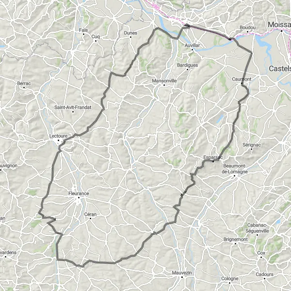 Miniatua del mapa de inspiración ciclista "Gran Ruta de 140 km desde Saint-Nicolas-de-la-Grave" en Midi-Pyrénées, France. Generado por Tarmacs.app planificador de rutas ciclistas