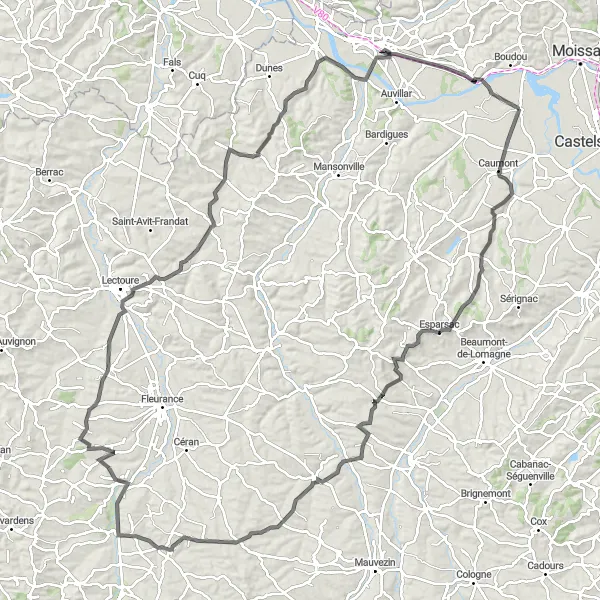 Miniatuurkaart van de fietsinspiratie "Pauilhac naar Malause" in Midi-Pyrénées, France. Gemaakt door de Tarmacs.app fietsrouteplanner