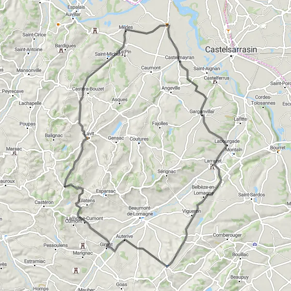 Miniaturní mapa "Adrenalinová cyklotrasa kolem Saint-Nicolas-de-la-Grave" inspirace pro cyklisty v oblasti Midi-Pyrénées, France. Vytvořeno pomocí plánovače tras Tarmacs.app