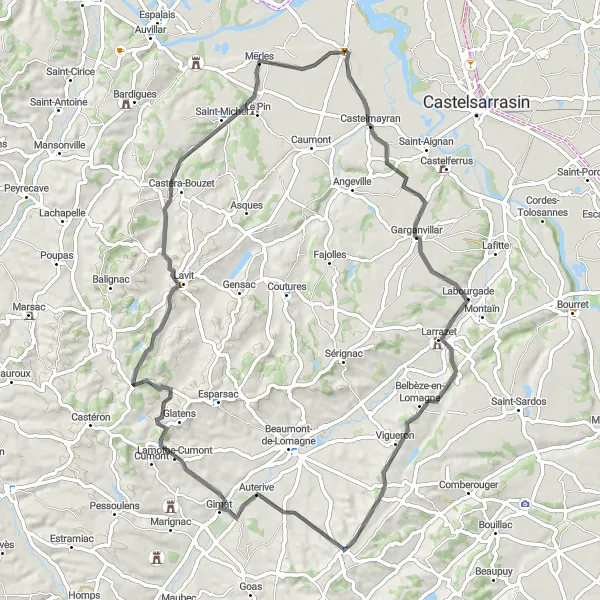 Miniatuurkaart van de fietsinspiratie "Route van Saint-Nicolas-de-la-Grave naar Merles" in Midi-Pyrénées, France. Gemaakt door de Tarmacs.app fietsrouteplanner