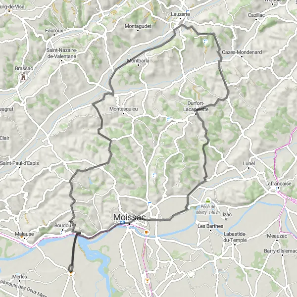 Miniatuurkaart van de fietsinspiratie "Route van Saint-Nicolas-de-la-Grave naar Hôtel de l'Ange et de la Marine" in Midi-Pyrénées, France. Gemaakt door de Tarmacs.app fietsrouteplanner