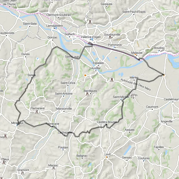 Karten-Miniaturansicht der Radinspiration "Hügeliges Abenteuer um Saint-Nicolas-de-la-Grave" in Midi-Pyrénées, France. Erstellt vom Tarmacs.app-Routenplaner für Radtouren