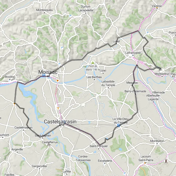 Miniatuurkaart van de fietsinspiratie "Saint-Nicolas-de-la-Grave naar Castelmayran" in Midi-Pyrénées, France. Gemaakt door de Tarmacs.app fietsrouteplanner