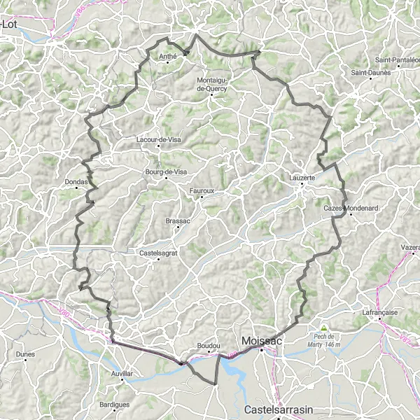 Zemljevid v pomanjšavi "Izzivalna kolesarska pot okoli Saint-Nicolas-de-la-Grave" kolesarske inspiracije v Midi-Pyrénées, France. Generirano z načrtovalcem kolesarskih poti Tarmacs.app