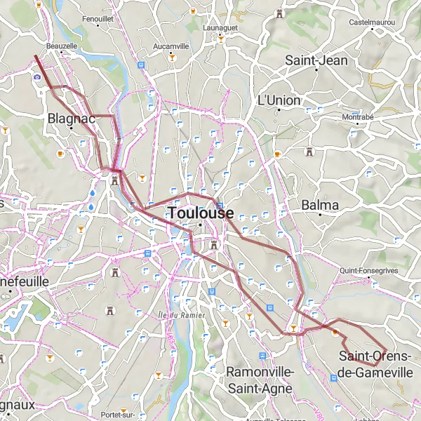 Miniaturní mapa "Gravelová trasa kolem Toit-terrasse des Galeries Lafayette" inspirace pro cyklisty v oblasti Midi-Pyrénées, France. Vytvořeno pomocí plánovače tras Tarmacs.app