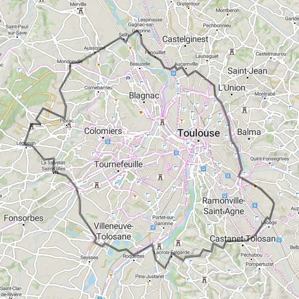 Kartminiatyr av "Toulouse - Pibrac Loop" cykelinspiration i Midi-Pyrénées, France. Genererad av Tarmacs.app cykelruttplanerare