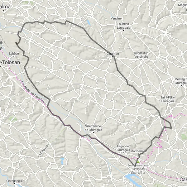 Kartminiatyr av "Toulouse - Montferrand Loop" cykelinspiration i Midi-Pyrénées, France. Genererad av Tarmacs.app cykelruttplanerare