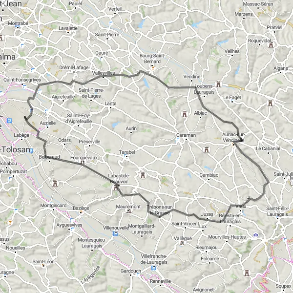 Kartminiatyr av "Toulouse - Belberaud Loop" cykelinspiration i Midi-Pyrénées, France. Genererad av Tarmacs.app cykelruttplanerare