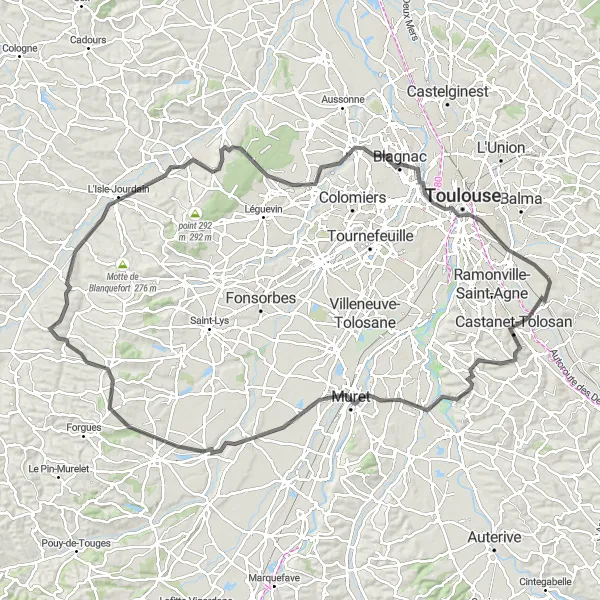 Karttaminiaatyyri "Haastava pyöräilyreitti Midi-Pyrénéesin maaseudulla" pyöräilyinspiraatiosta alueella Midi-Pyrénées, France. Luotu Tarmacs.app pyöräilyreittisuunnittelijalla