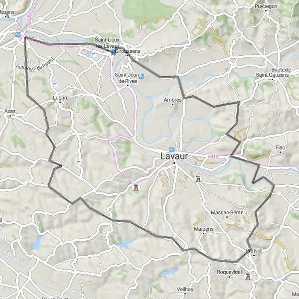 Miniatua del mapa de inspiración ciclista "Ruta escénica de 63 km por carreteras locales" en Midi-Pyrénées, France. Generado por Tarmacs.app planificador de rutas ciclistas