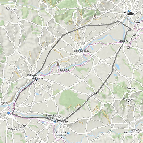 Miniature de la carte de l'inspiration cycliste "Parcours de 51 km en vélo près de Saint-Sulpice-la-Pointe" dans la Midi-Pyrénées, France. Générée par le planificateur d'itinéraire cycliste Tarmacs.app