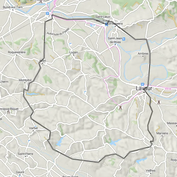 Kartminiatyr av "Rundtur til Montpitol via Saint-Lieux-lès-Lavaur" sykkelinspirasjon i Midi-Pyrénées, France. Generert av Tarmacs.app sykkelrutoplanlegger