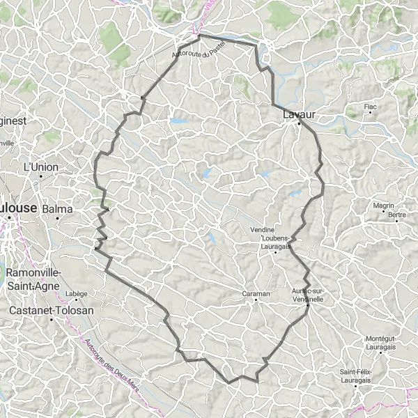 Zemljevid v pomanjšavi "Vožnja po vinorodnih gričih okoli Saint-Sulpice-la-Pointe" kolesarske inspiracije v Midi-Pyrénées, France. Generirano z načrtovalcem kolesarskih poti Tarmacs.app