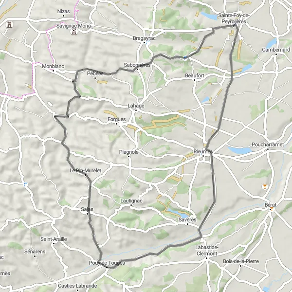 Map miniature of "Southern Loop" cycling inspiration in Midi-Pyrénées, France. Generated by Tarmacs.app cycling route planner