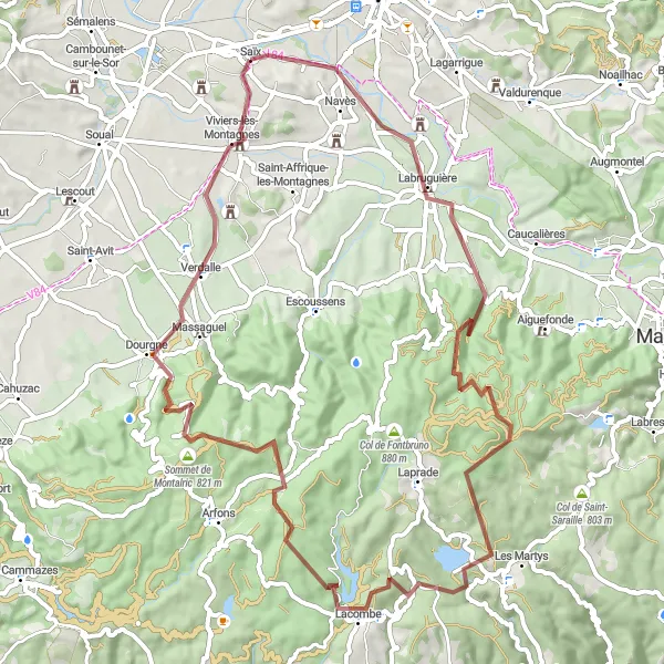 Miniatuurkaart van de fietsinspiratie "Avontuurlijke gravelroute door het bergachtige landschap" in Midi-Pyrénées, France. Gemaakt door de Tarmacs.app fietsrouteplanner