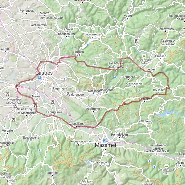 Map miniature of "Castres to Navès" cycling inspiration in Midi-Pyrénées, France. Generated by Tarmacs.app cycling route planner