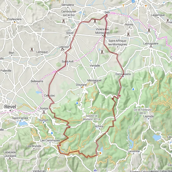 Miniatua del mapa de inspiración ciclista "Recorrido de grava de 72 km desde Saïx" en Midi-Pyrénées, France. Generado por Tarmacs.app planificador de rutas ciclistas