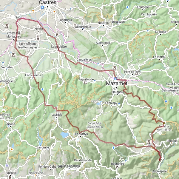 Miniatuurkaart van de fietsinspiratie "Mont Sarrat & Pic de Nore Gravel Route" in Midi-Pyrénées, France. Gemaakt door de Tarmacs.app fietsrouteplanner
