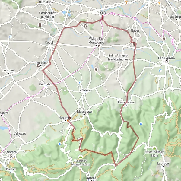 Miniature de la carte de l'inspiration cycliste "Au Pays des Collines et des Châteaux" dans la Midi-Pyrénées, France. Générée par le planificateur d'itinéraire cycliste Tarmacs.app