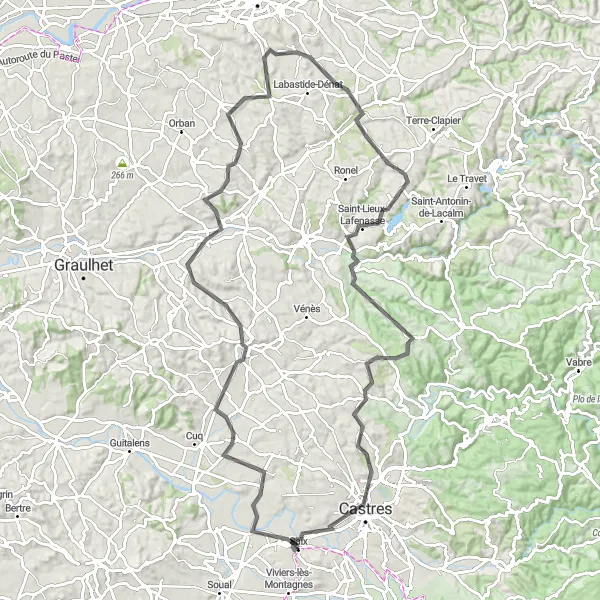 Miniature de la carte de l'inspiration cycliste "Parcours Montdragon et Puygouzon" dans la Midi-Pyrénées, France. Générée par le planificateur d'itinéraire cycliste Tarmacs.app