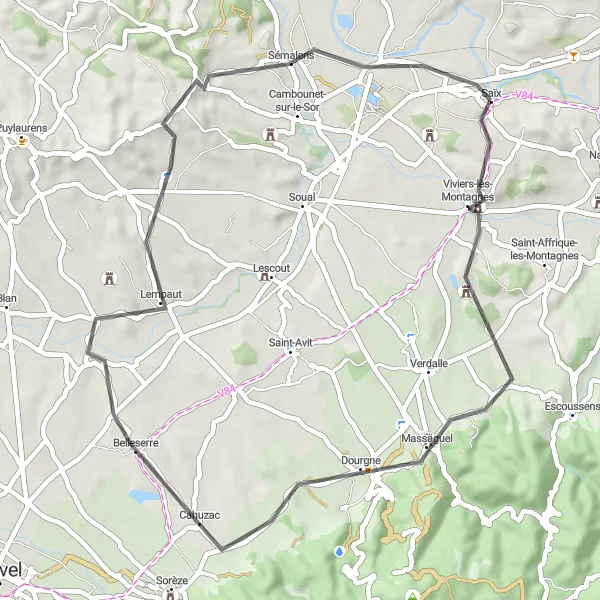 Miniaturní mapa "Koleje kolem massaguel" inspirace pro cyklisty v oblasti Midi-Pyrénées, France. Vytvořeno pomocí plánovače tras Tarmacs.app