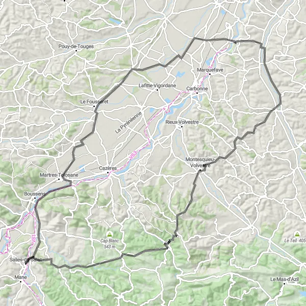 Karttaminiaatyyri "Jännittävä 116 km:n pyöräilyretki Salies-du-Salatista" pyöräilyinspiraatiosta alueella Midi-Pyrénées, France. Luotu Tarmacs.app pyöräilyreittisuunnittelijalla
