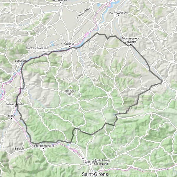 Miniatua del mapa de inspiración ciclista "Mazères-sur-Salat Circular Road Cycling Route" en Midi-Pyrénées, France. Generado por Tarmacs.app planificador de rutas ciclistas