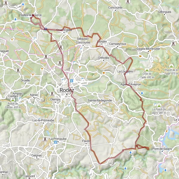 Zemljevid v pomanjšavi "Gorska avantura okoli Salles-la-Source" kolesarske inspiracije v Midi-Pyrénées, France. Generirano z načrtovalcem kolesarskih poti Tarmacs.app