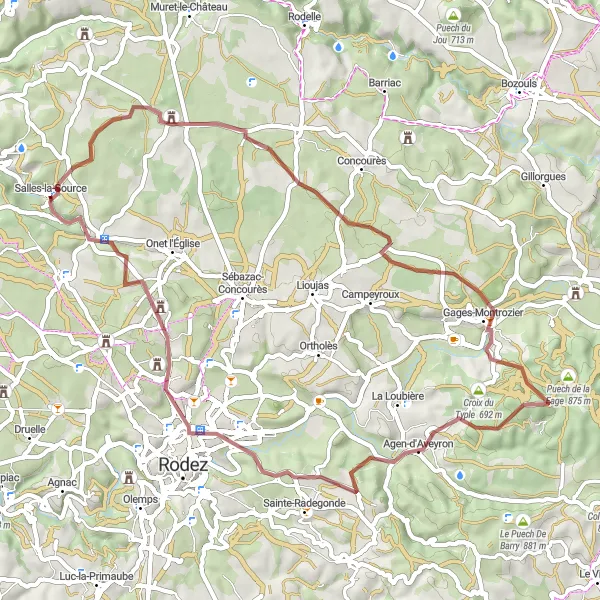 Karttaminiaatyyri "Mont Aubert - Agen-d'Aveyron Loop" pyöräilyinspiraatiosta alueella Midi-Pyrénées, France. Luotu Tarmacs.app pyöräilyreittisuunnittelijalla