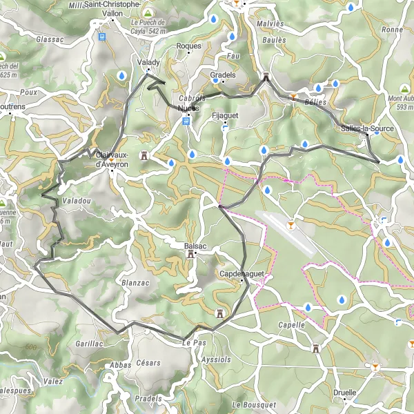 Miniaturní mapa "Cesta kolem Salles-la-Source" inspirace pro cyklisty v oblasti Midi-Pyrénées, France. Vytvořeno pomocí plánovače tras Tarmacs.app