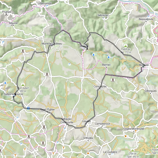 Miniature de la carte de l'inspiration cycliste "Parcours des Châteaux et Gorges" dans la Midi-Pyrénées, France. Générée par le planificateur d'itinéraire cycliste Tarmacs.app