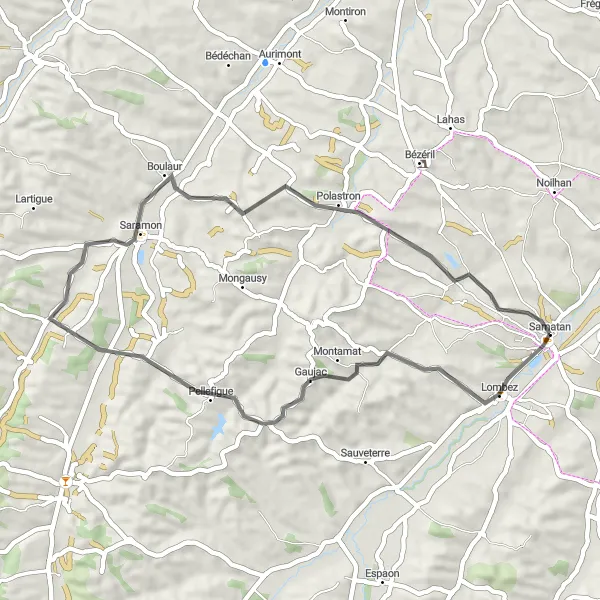 Miniaturní mapa "Cyklotrasa Lombez - Pellefigue - Saramon - Saint-Martin-Gimois" inspirace pro cyklisty v oblasti Midi-Pyrénées, France. Vytvořeno pomocí plánovače tras Tarmacs.app