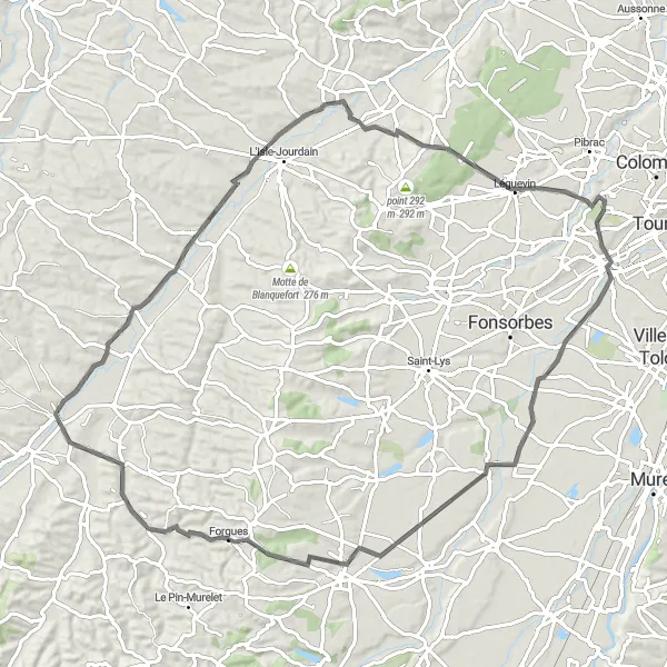 Map miniature of "Samatan - Cazaux-Savès - Mérenvielle - Plaisance-du-Touch - Lamasquère - Rieumes - Saint-Loube Loop" cycling inspiration in Midi-Pyrénées, France. Generated by Tarmacs.app cycling route planner