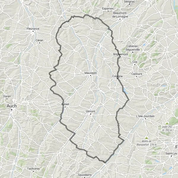 Miniaturní mapa "Cyklotrasa Aurimont - Crastes - Avezan - Lamothe-Cumont - Goas - Table d'orientation - Monferran-Savès - Cazaux-Savès" inspirace pro cyklisty v oblasti Midi-Pyrénées, France. Vytvořeno pomocí plánovače tras Tarmacs.app