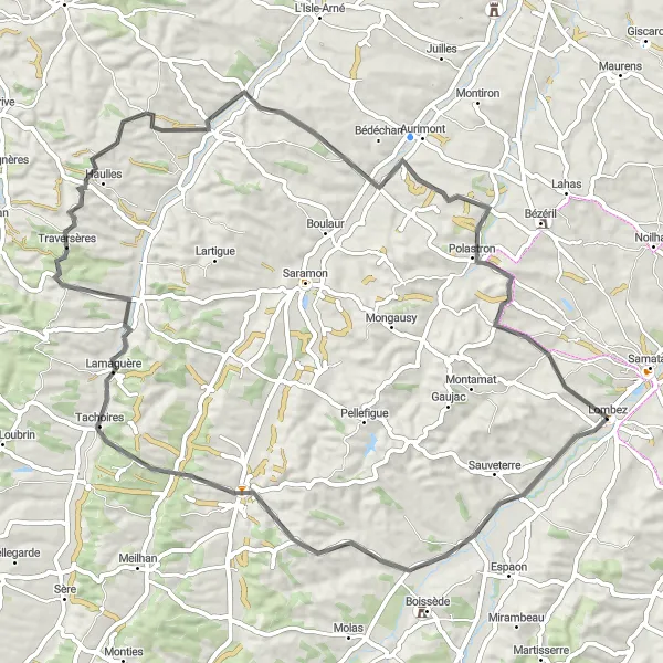 Miniature de la carte de l'inspiration cycliste "Itinéraire à vélo de 72 km" dans la Midi-Pyrénées, France. Générée par le planificateur d'itinéraire cycliste Tarmacs.app