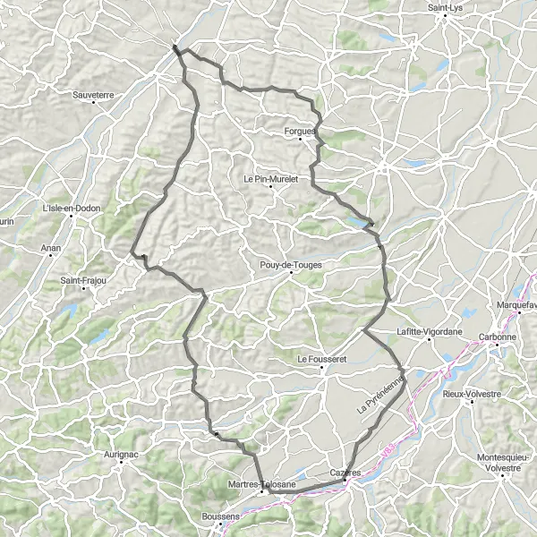 Karten-Miniaturansicht der Radinspiration "Runde Strecke Montgras - Lussan-Adeilhac" in Midi-Pyrénées, France. Erstellt vom Tarmacs.app-Routenplaner für Radtouren