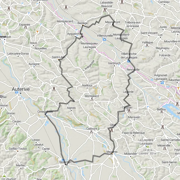 Map miniature of "The Lauragais Loop" cycling inspiration in Midi-Pyrénées, France. Generated by Tarmacs.app cycling route planner