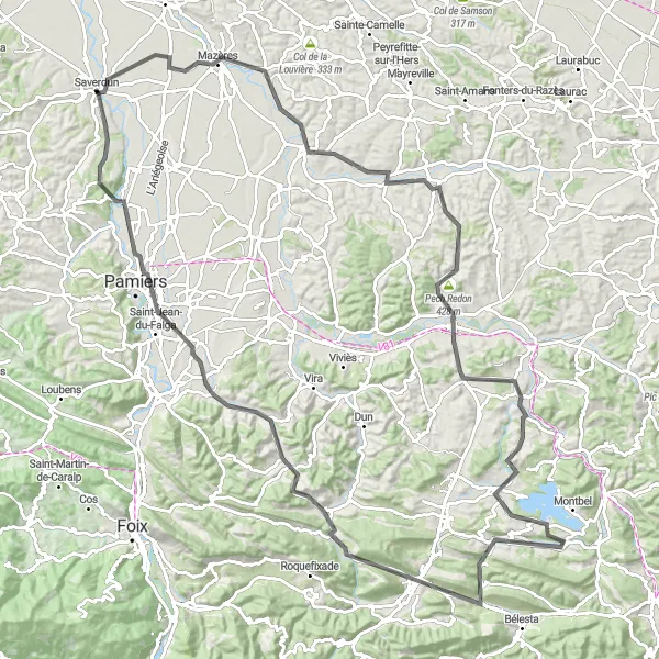 Map miniature of "Saverdun to Pamiers Loop" cycling inspiration in Midi-Pyrénées, France. Generated by Tarmacs.app cycling route planner