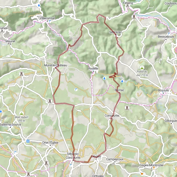 Map miniature of "Rugged Gravel Excursion" cycling inspiration in Midi-Pyrénées, France. Generated by Tarmacs.app cycling route planner