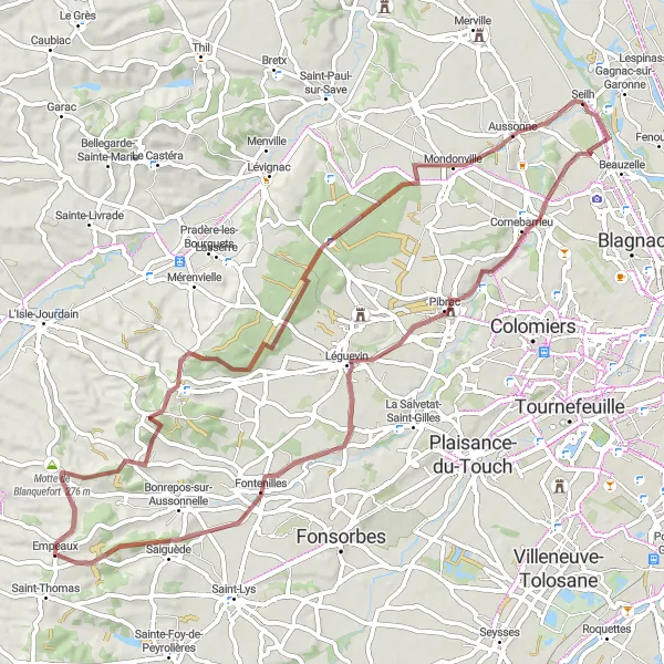 Miniature de la carte de l'inspiration cycliste "Exploration rurale près de Toulouse" dans la Midi-Pyrénées, France. Générée par le planificateur d'itinéraire cycliste Tarmacs.app