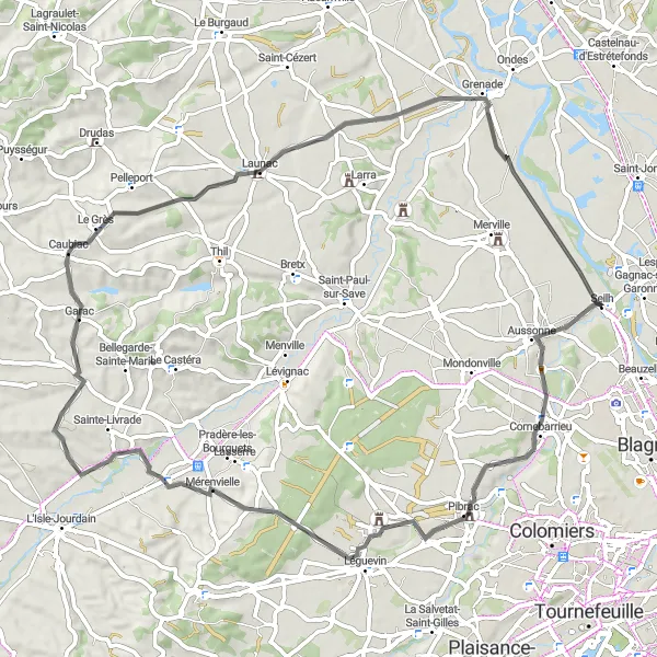Miniature de la carte de l'inspiration cycliste "Exploration des environs de Toulouse" dans la Midi-Pyrénées, France. Générée par le planificateur d'itinéraire cycliste Tarmacs.app