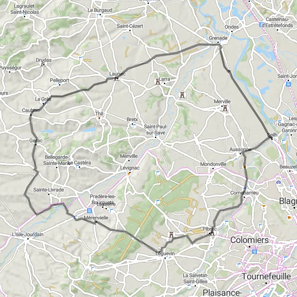 Miniatuurkaart van de fietsinspiratie "Wegroute Aussonne en Verder" in Midi-Pyrénées, France. Gemaakt door de Tarmacs.app fietsrouteplanner