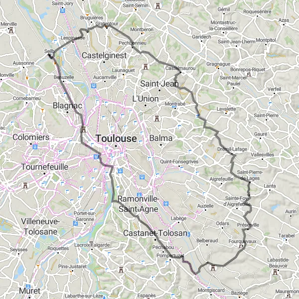 Miniature de la carte de l'inspiration cycliste "Tour des Villages du Lauragais" dans la Midi-Pyrénées, France. Générée par le planificateur d'itinéraire cycliste Tarmacs.app