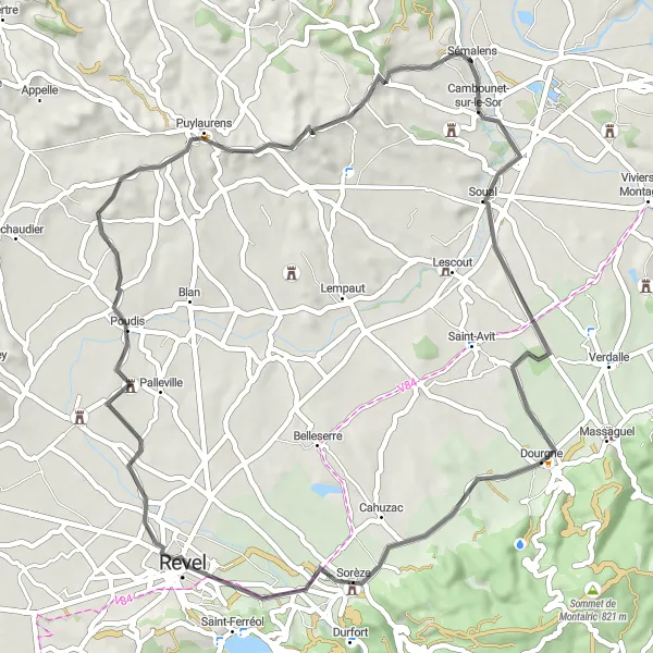Kartminiatyr av "Sorèze och Dourgne Cykeltur" cykelinspiration i Midi-Pyrénées, France. Genererad av Tarmacs.app cykelruttplanerare
